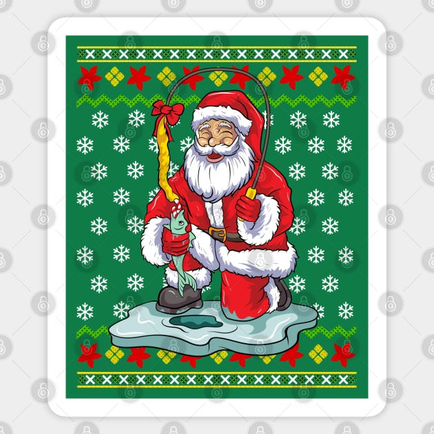 Ice Fishing Santa Claus Fisherman Ugly Christmas Sweater Sticker by E